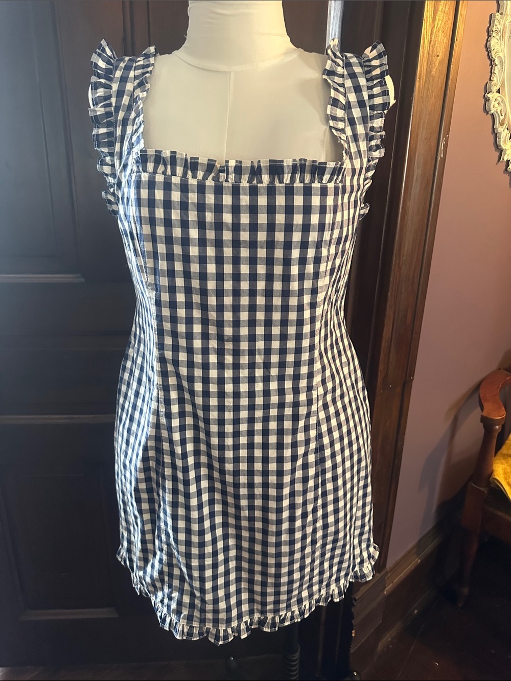 J. Crew Navy & White Gingham Ruffle Strap Sundress